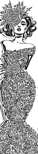 Free colorable bookmarks of a woman posing in a fancy dress